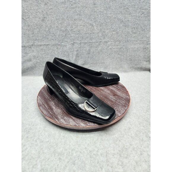 Etienne Aegner Manzoni Womens Black Croc-Embossed Leather Heels Size 8 - Picture 3 of 16